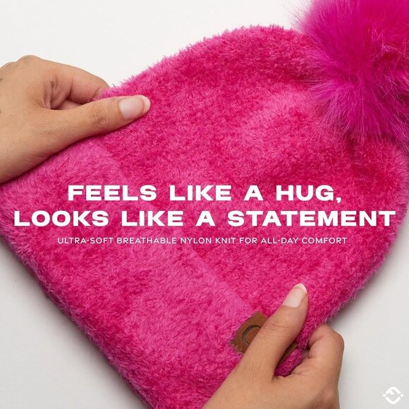 Women\'s Chenille Beanie Pink Pom Pom Winter Hat Faux Fur Warm Ski Cap